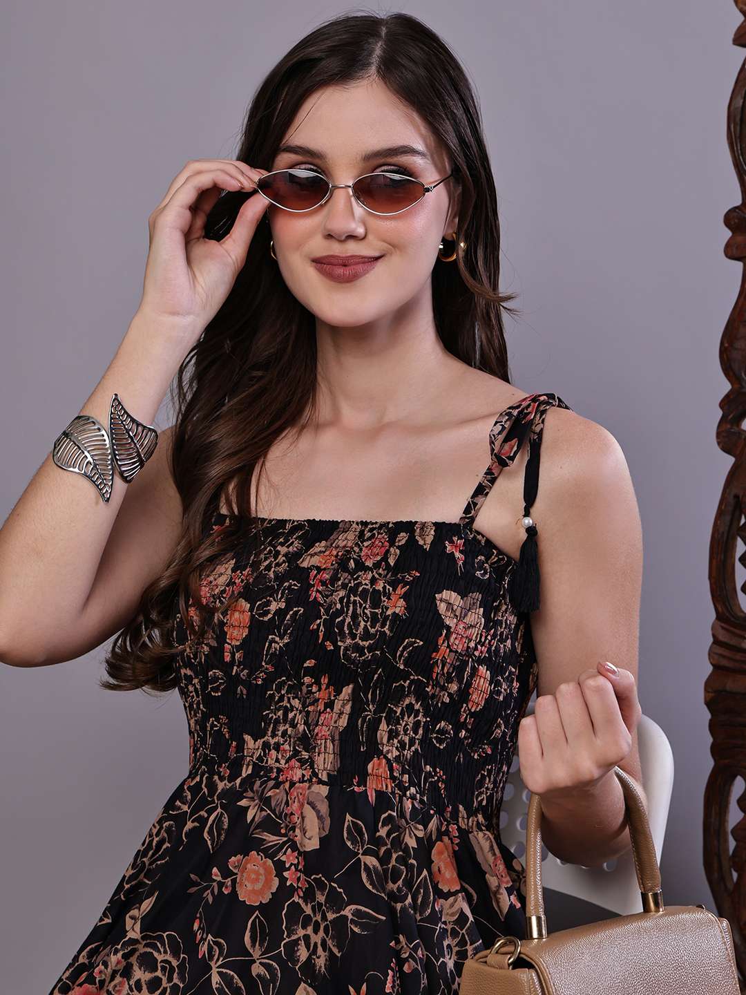 Women's Black Floral Printed Cotton Handkerchief Hem Dress Midi Dresses - Image 4